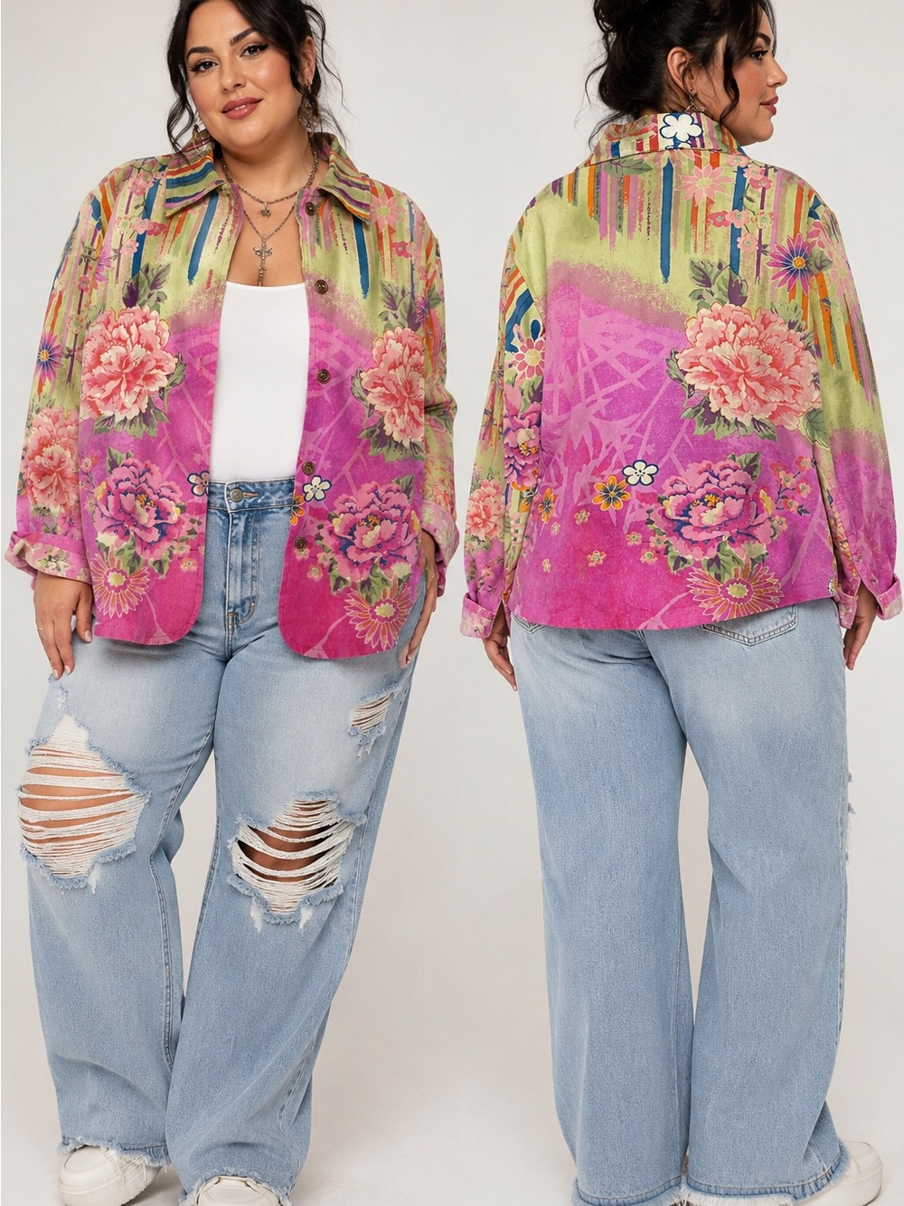 Y2K Candy Couture Sz 1X Art To Wear Floral Rhinestone Jacket Shirt Boho McBling